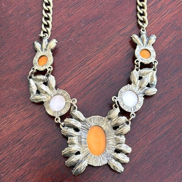 Betsey Johnson Orange & Blue Crystal Flower Boho Choker Statement Necklace - Picture 5 of 6
